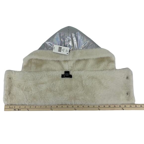 DKNY Logo Detached Puffer Hood Iridescent Metallic Shell + Faux Fur Lined Hat - Picture 10 of 15